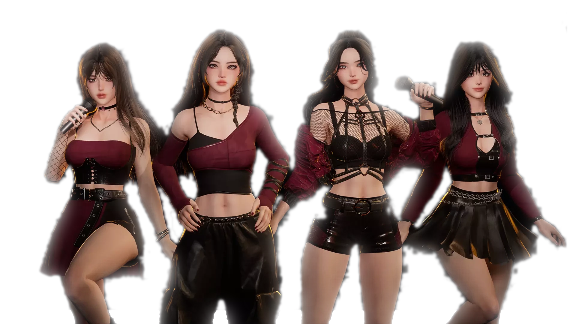BLACK-CLAW Four young women with long black hair wearing coordinated burgundy and black outfits, two holding microphones.