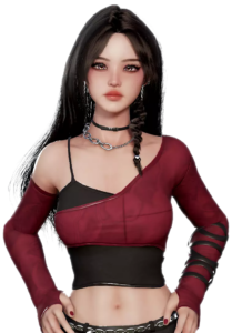 Lumi young woman with long black hair and a braid, wearing an asymmetrical red and black top