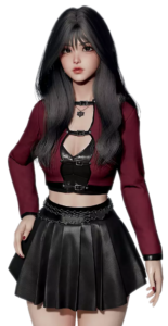 Mina young woman with long black hair wearing a short red jacket and a black pleated skirt
