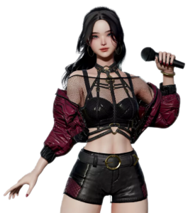 Xin young woman with black hair holding a microphone, wearing a black strappy top and a burgundy jacket.